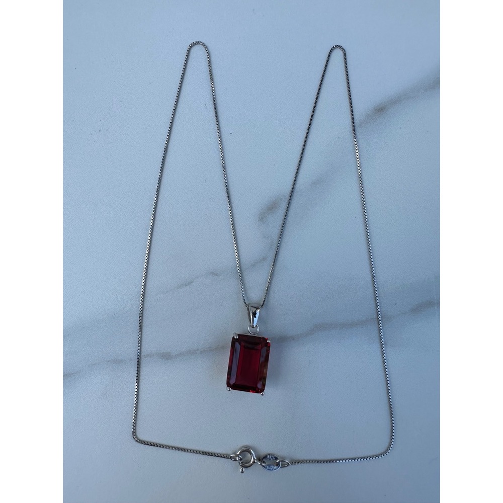 Red Pendant Box Chain‎ Necklace Italy 925 Sterling Silver Emerald Cut
